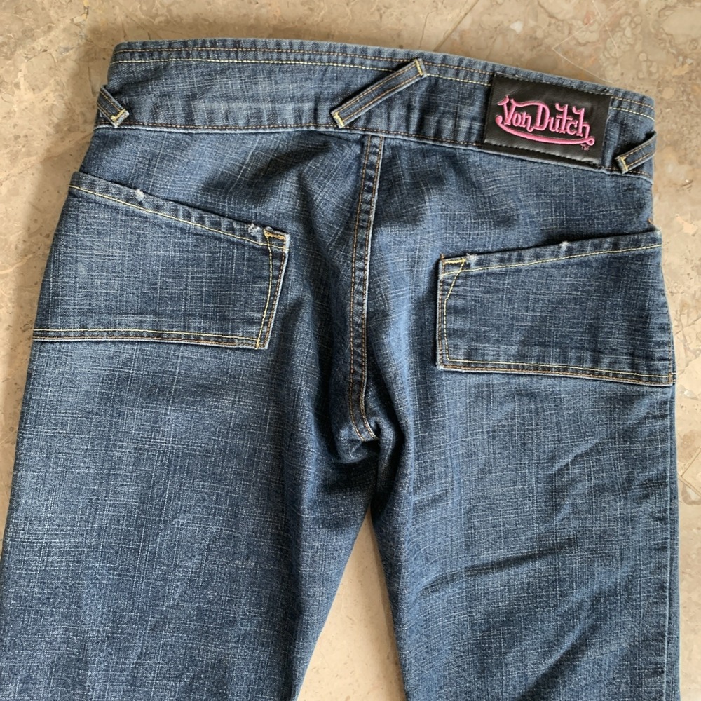 Y2K Vtg Von Dutch Low Rise Flared Bell Bottoms Denim Blue Jeans 26x32 Distressed
